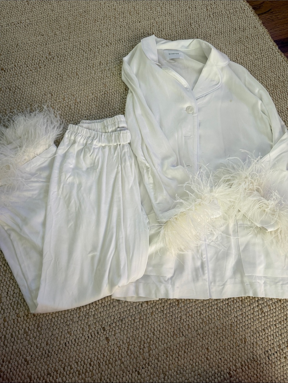 Sleeper White Feather-Trim Silk Pajama Set
